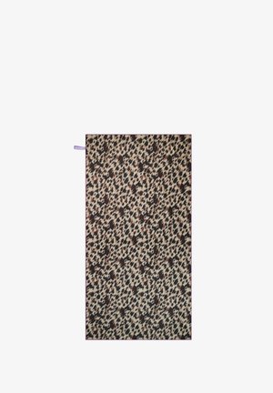 Rectangular fabric with leopard print pattern in beige, black, and brown, edged with pink trim and a small purple hanging loop.