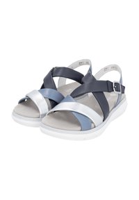 Zweifarbiges Sandalenpaar mit Kreuzriemen-Design in Dunkelblau, Hellblau und Silber. Weicher Fußbett, verstellbarer Knöchelriemen, weiße Sohle.