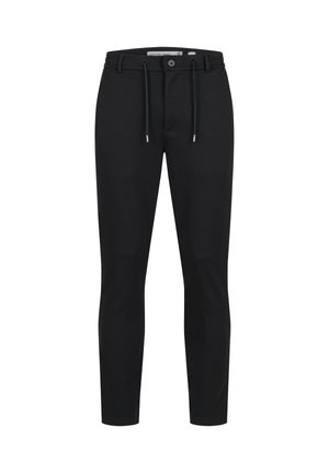 Schwarze Slim-Fit-Hose mit Knopf- und Kordelverschluss, Gürtelschlaufen und konisch zulaufenden Beinen.