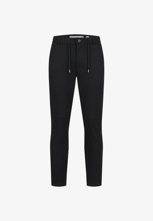 Sorte slimfit bukser med knap- og snørelukning, bæltestropper og tilspidsede ben.
