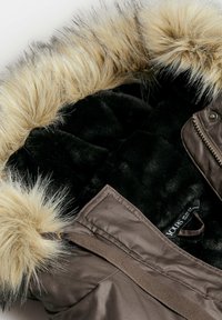 Parka marron avec une capuche en fausse fourrure, dotée d'un intérieur noir doux, d'un design épuré et de détails en zipper. Fourrure texturée avec des pointes claires.