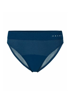 Culotte taille haute bleue avec un design en maille unie, présentant une taille élastique lisse et un logo subtil sur le devant.