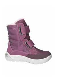 Bota impermeable morada con dos correas de velcro, forro rosa suave, suela blanca y acentos grises. Superficie exterior lisa, soporte acolchado para el tobillo.