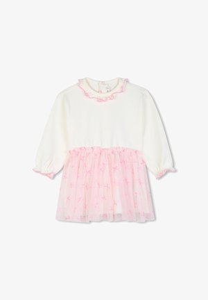 Vestido blanco para bebé con mangas largas, cuello rosa con volantes y falda de tul rosa adornada con patrones de lazos.