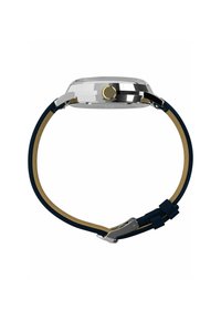 Silberne Armbanduhr mit blauem Lederarmband, seitlichem Kranz und Edelstahlverschluss, seitlich auf einem weißen Hintergrund dargestellt.