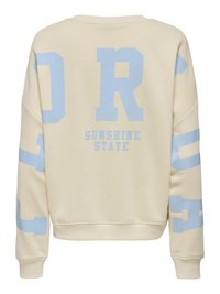 Beige genser med store lyseblå blokkbokstaver og teksten "SUNSHINE STATE" på rygg og ermer, ribbede mansjetter og kant.