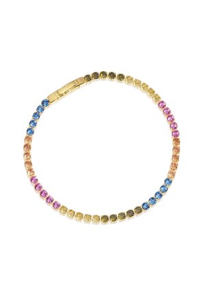 Bracelet doré mettant en valeur un dégradé de pierres rondes colorées en bleu, vert, jaune, rose et orange. Conception de fermoir sécurisé.