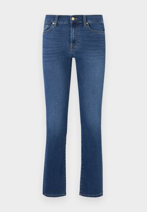 Blå flagrende jeans lavet af denim, med et klassisk fem-lomme design, lynlås og brass-knap lukning. Glat tekstur og ensartet farve.