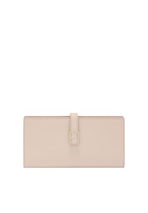 Portafoglio in pelle rosa chiaro con forma rettangolare, dotato di una chiusura con risalto dorato e bordi cuciti per un tocco di texture in più.