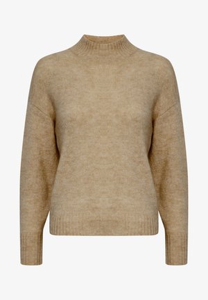 Bežna pletena jopica z visokim ovratnikom, spuščenimi rameni in rebrastimi manšetami. Mehka tekstura in minimalističen dizajn s rahlo ohlapnim krojem.