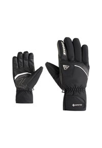 Gants noirs avec un design en cuir texturé et en tissu doux, dotés d'un poignet cintré et d'accents réfléchissants. Comprend une étiquette Gore-Tex.