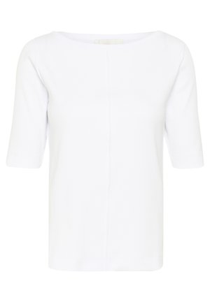 Valge lühikeste varrukatega topp, mis on valmistatud siledast kangast. Varustatud laia kaelusega, peene õmbluse detailiga keskel ja veidi lõtvade lõikega.