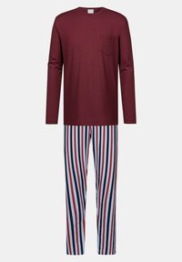 Bordeauxkleurige top met lange mouwen en een borstzak, gecombineerd met verticaal gestreepte broek in blauw, rood en wit. Zacht katoenmix materiaal.