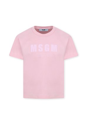T-shirt in cotone rosa con il testo "MSGM" in lettere bianche in grassetto e un testo più piccolo sottostante, colletto rotondo e maniche corte.