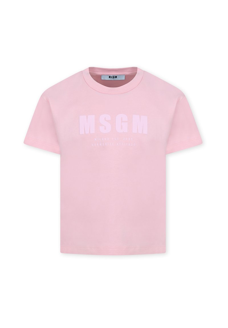 T-shirt in cotone rosa con il testo "MSGM" in lettere bianche in grassetto e un testo più piccolo sottostante, colletto rotondo e maniche corte.