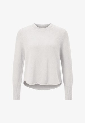 Pulover tricotat gri deschis, cu mâneci lungi, manșete cu rebru, decolteu rotund și tiv ușor evazat. Textură moale.