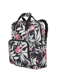 Blumenrucksack mit schwarzem Hintergrund, der mit pinken und grünen BlätternMustern verziert ist. Er hat verstellbare Träger und eine vordere Reißverschlusstasche.