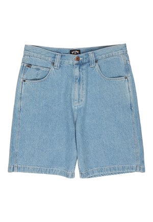 Hele sinise denimi lühikesed püksid, millel on kõrge vöökoht, viis taskut ja nööbikinnitus. Kangas on veidi tuhmunud tekstuuriga.