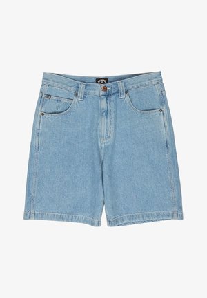 Hele sinise denimi lühikesed püksid, millel on kõrge vöökoht, viis taskut ja nööbikinnitus. Kangas on veidi tuhmunud tekstuuriga.