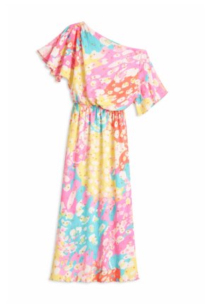Μάξι φόρεμα με έναν ώμο, ελαστική μέση, μανίκι με κυματιστό τελείωμα και πολύχρωμο αφηρημένο floral μοτίβο σε ροζ, κίτρινο, μπλε και πορτοκαλί.
