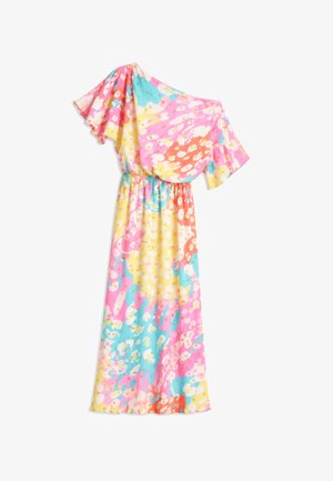 Maxikleid mit einer Schulter, elastischem Bund, fließenden Ärmeln und mehrfarbigem abstraktem Blumenmuster in Pink, Gelb, Blau und Orange.