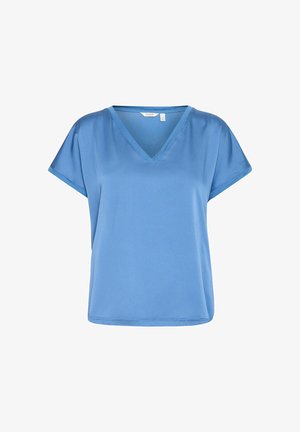 Blaues V-Ausschnitt Kurzarmoberteil aus glattem Stoff. Lässige Passform mit weicher Textur und schlichtem Design, geeignet für die Freizeit.