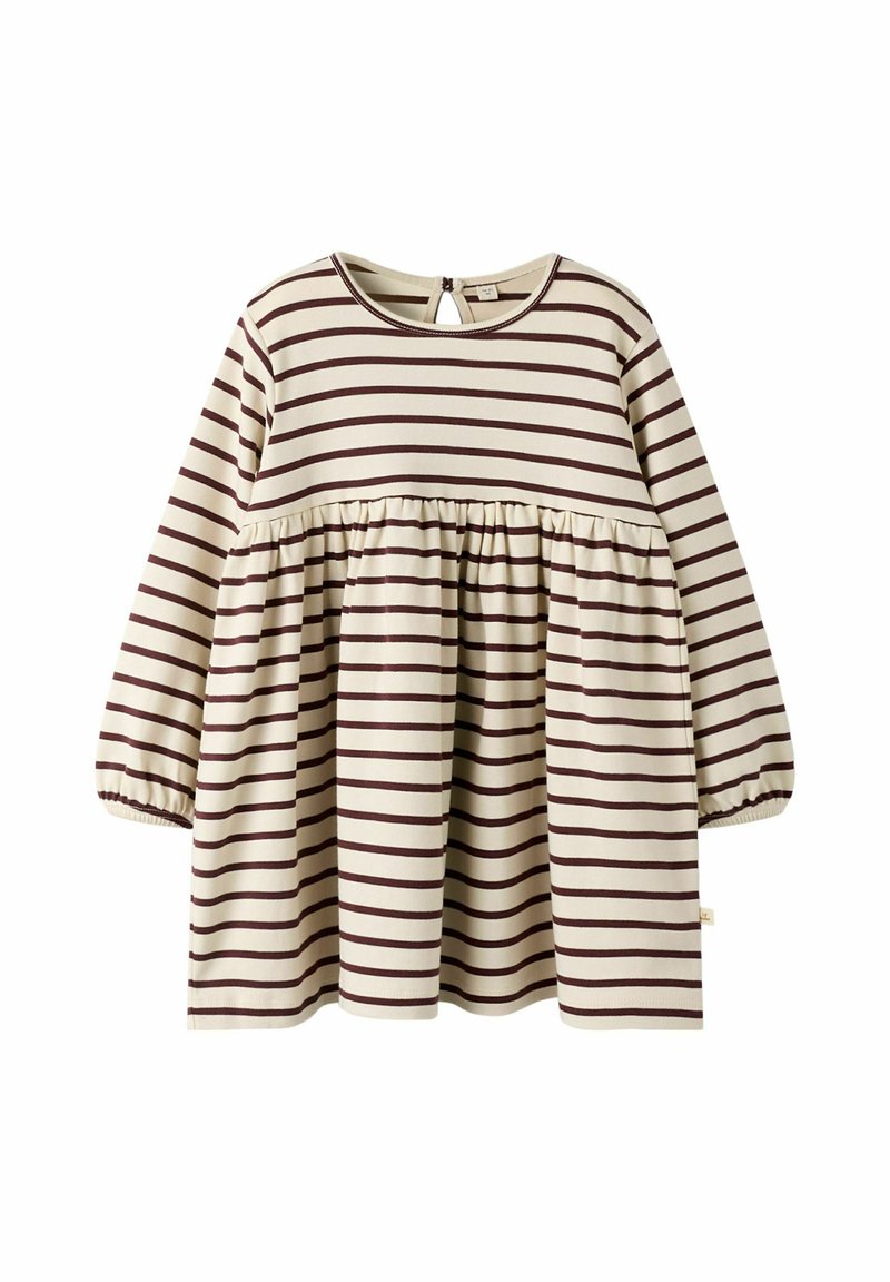 Ilga piedurkne kleita ar noapaļotu kakla izgriezumu, izgatavota no mīkstas auduma. Tai ir horizontālas krēmkrāsas un bordo svītras, saspringts jostasvieta un pogu aizdare aizmugurē.