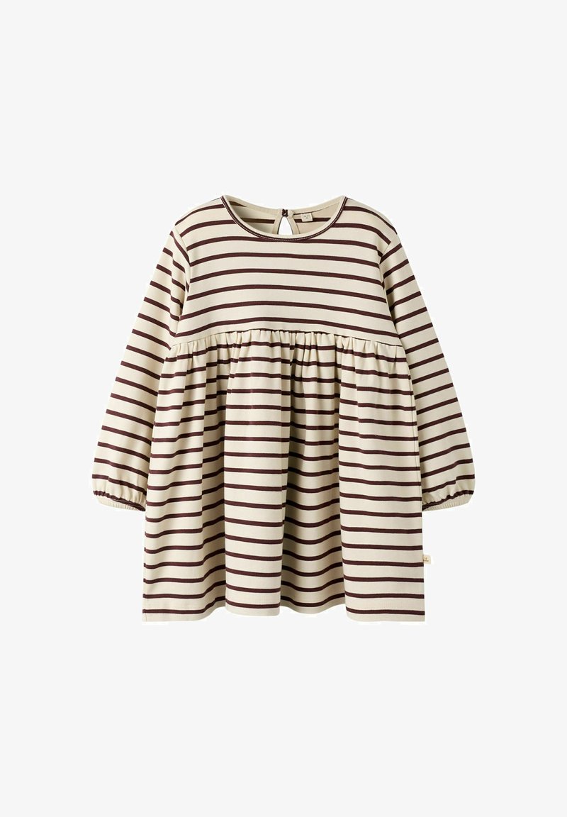 Ilga piedurkne kleita ar noapaļotu kakla izgriezumu, izgatavota no mīkstas auduma. Tai ir horizontālas krēmkrāsas un bordo svītras, saspringts jostasvieta un pogu aizdare aizmugurē.