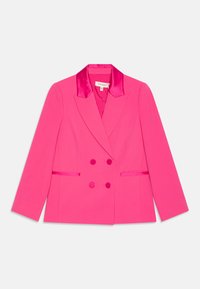 Blazer rose fuchsia à double boutonnage avec revers en satin, deux poches avant et épaules structurées. Fabriqué en tissu lisse.