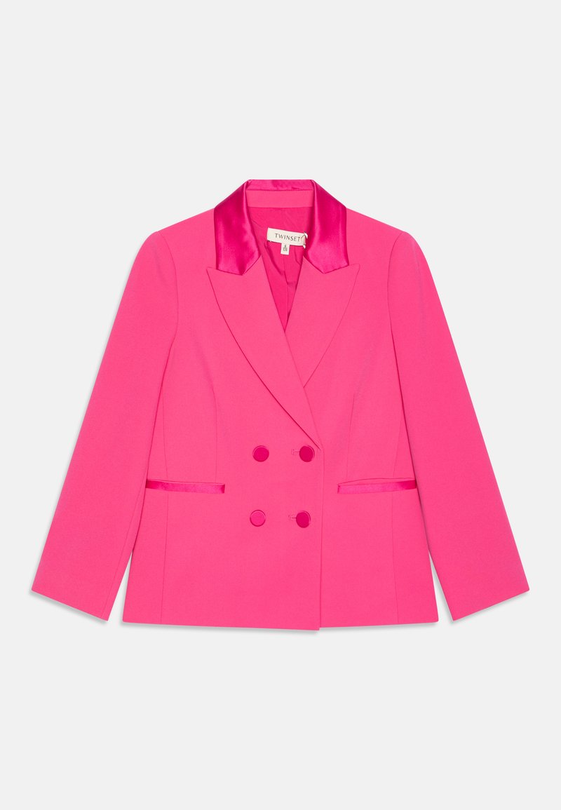 Blazer rose fuchsia à double boutonnage avec revers en satin, deux poches avant et épaules structurées. Fabriqué en tissu lisse.