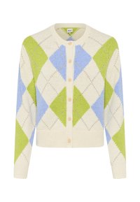 Cardigan mit Rautenmuster in Creme, Grün und Hellblau. Verfügt über einen Rundhalsausschnitt, eine Knopfleiste vorne sowie gerippte Bündchen und Saum. Weiche Strickstruktur.