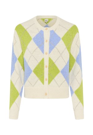 Cardigan con motivo a rombi in crema, verde e azzurro chiaro. Presenta una scollatura tonda, chiusura frontale con bottoni e polsini e orlo a coste. Tessuto in maglia morbida.