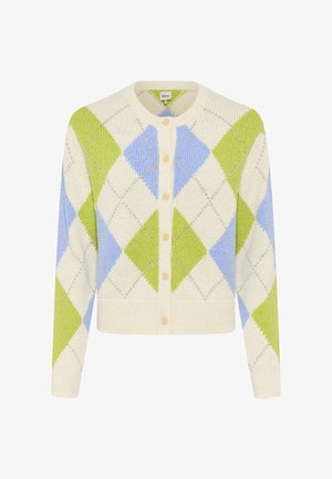Argyle-patterned cardigan in cream, green, and light blue. Features a round neckline, button front, and ribbed cuffs and hem. Soft knit texture.
