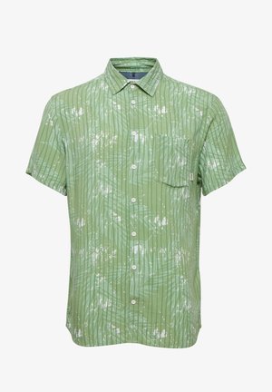 Short-sleeve green shirt with vertical stripes and a palm leaf pattern. Features a button-down collar and a chest pocket.