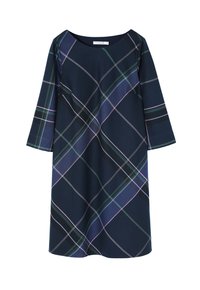 Robe marine à manches trois-quarts, présentant un motif à carreaux multicolores dans des tons de vert, rose et noir, confectionnée dans un tissu lisse.