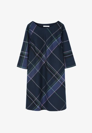 Vestido de color marino con mangas de tres cuartos, que presenta un patrón de cuadro multicolor en verde, rosa y negro, fabricado con una tela suave.