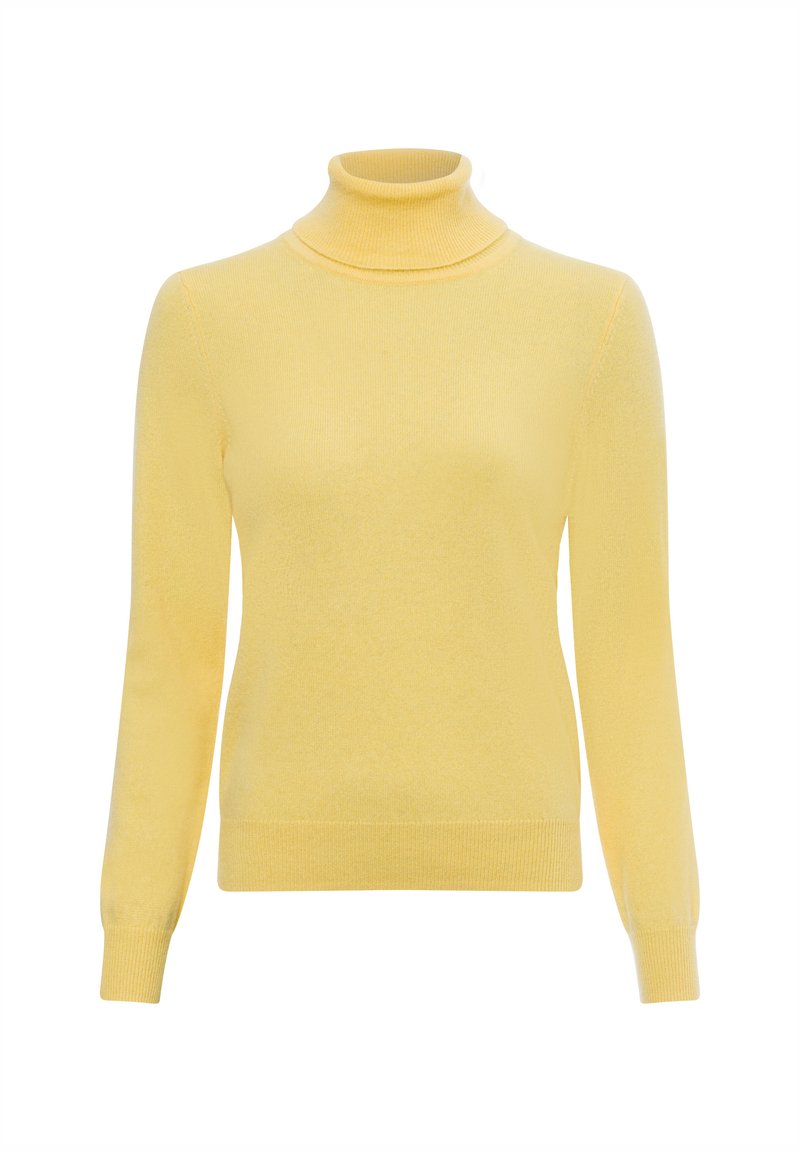 Gelbes Rollkragensweatshirt aus weichem Strickstoff. Verfügt über lange Ärmel, gerippte Bündchen und ein figurbetontes Design. Glatte Textur ohne Muster.