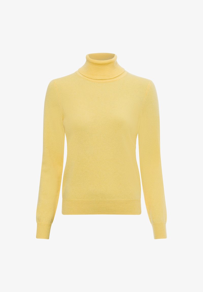 Gelbes Rollkragensweatshirt aus weichem Strickstoff. Verfügt über lange Ärmel, gerippte Bündchen und ein figurbetontes Design. Glatte Textur ohne Muster.