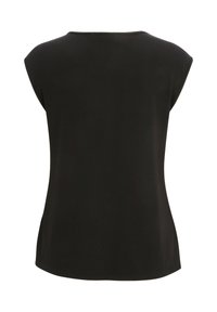 Schwarzes ärmelloses Shirt mit rundem Ausschnitt, glatter Textur und leicht geschwungenem Saum. Einfaches Design ohne sichtbare Muster oder Verzierungen.