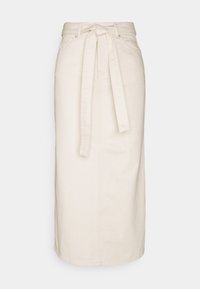 Beige midi-hame, jossa on sidottava vyötärö, valmistettu puuvillasta. Hameessa on sivutaskut ja suora siluetti, jossa on ompelu yksityiskohtia.