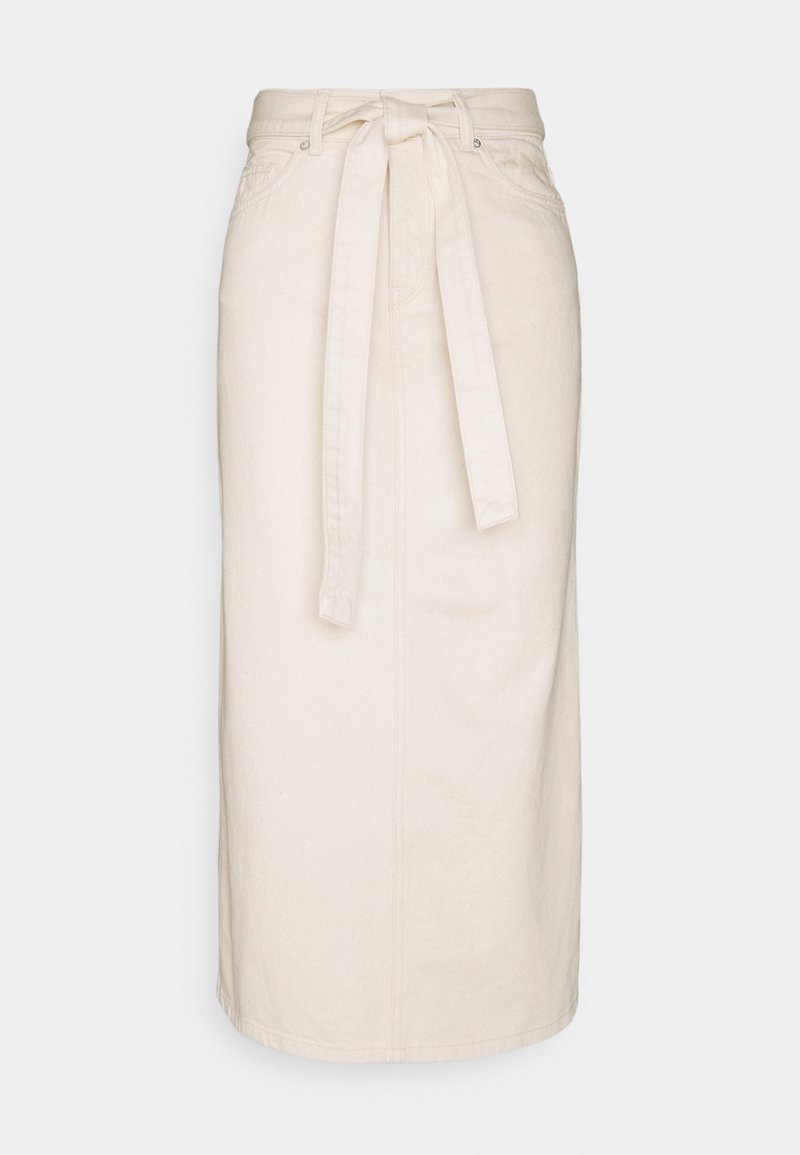 Beige midi-hame, jossa on sidottava vyötärö, valmistettu puuvillasta. Hameessa on sivutaskut ja suora siluetti, jossa on ompelu yksityiskohtia.