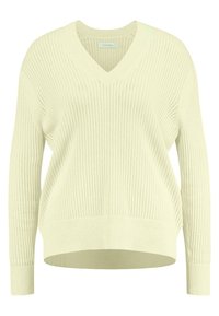 Jasnożółty sweter z dzianiny z dekoltem w serek, długimi rękawami, prążkowaną strukturą i luźnym krojem, z lekko skróconym dołem.