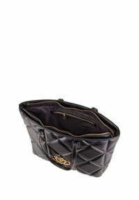 Borsa a tracolla nera trapuntata con zip dorata, tasca interna con zip e doppi manici, mostrata aperta dall'angolo superiore su sfondo bianco.