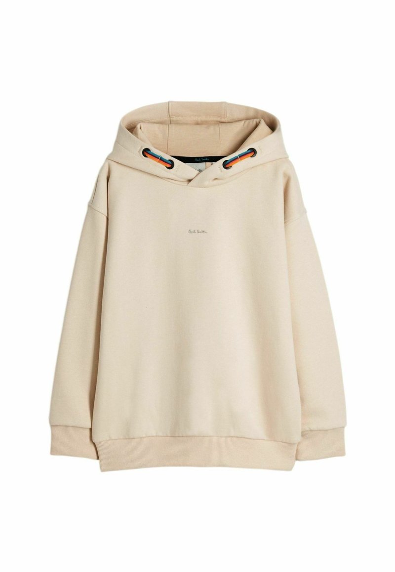 Felpa beige realizzata in morbido cotone. Presenta un cappuccio con cordino e dettagli arancioni e blu, polsini a costine e un logo discreto sulla parte anteriore.