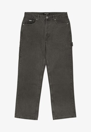 Mørkegrå denimjeans med rette ben, fem lommer og en liten sideløkke for ekstra funksjonalitet.