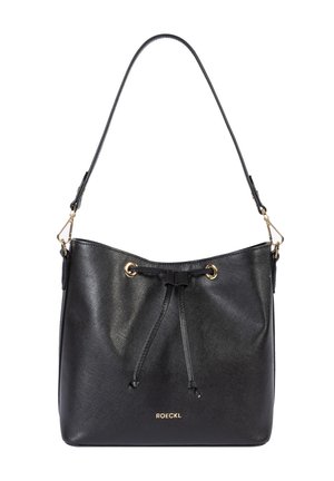 Black leather bucket bag with adjustable strap, gold-tone eyelets, and drawstring closure, branded "ROECKL" in gold lettering.