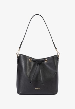 Black leather bucket bag with adjustable strap, gold-tone eyelets, and drawstring closure, branded "ROECKL" in gold lettering.