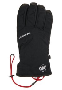 Svarta isolerade handskar med en strukturerad tyg, utrustad med tre fingerfack, röd dragsko och en vit logotyp på handleden.