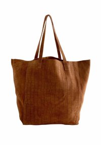 Braune Wildleder-Tote mit strukturiertem Krokodilmuster. Verfügt über zwei stabile Griffe und ein offenes Design. Keine zusätzlichen Beschläge.