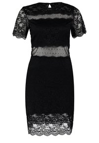 Svart spetskläder med korta ärmar, en genomskinlig halsringning, blommönster och en vågformad nederdel. Detalj med nyckelhål bak ger elegans.